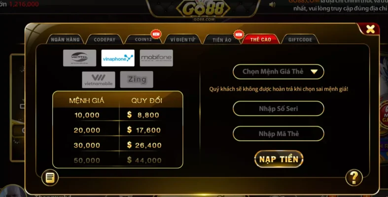 Truy cập Go88 IOS và nạp tiền theo đúng hướng dẫn