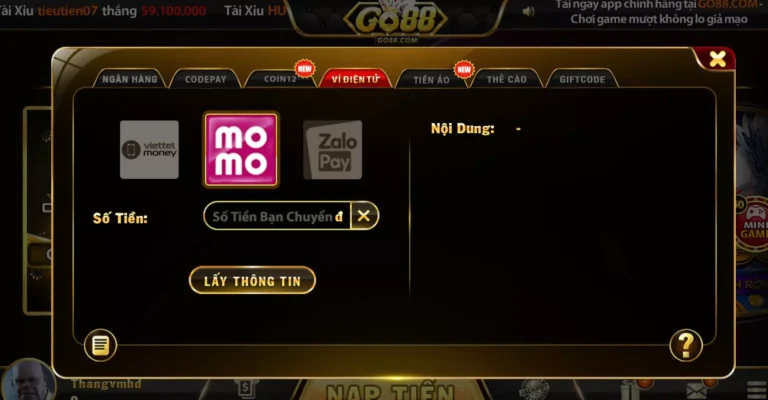 Nạp tiền và thỏa sức cược game online Go 88